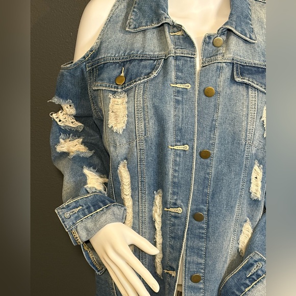 Distressed Denim Jacket Cutout Shoulder Sz Medium - Picture 3 of 9